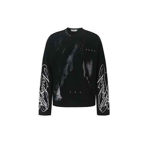 Gothic Subculture Waffle Long Sleeve Drop Shoulder Rivet Anime Graphic T-shirt For Men | MuddyStock Originals Black