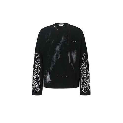 Gothic Subculture Waffle Long Sleeve Drop Shoulder Rivet Anime Graphic T-shirt For Men | MuddyStock Originals Black