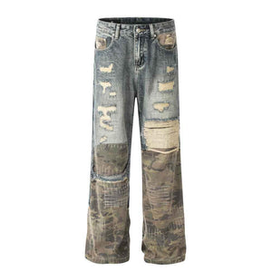 Camouflage Patchwork Distressed Straight Leg Jeans For Men And Women | MuddyStock Originals Blue