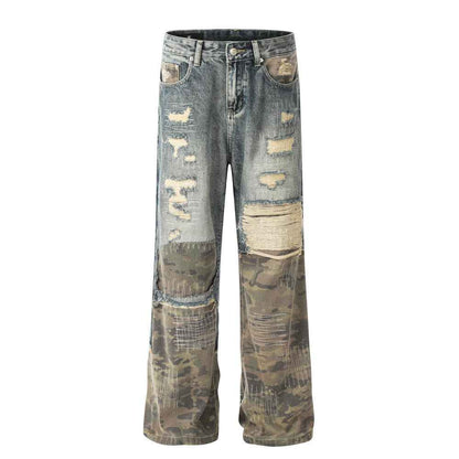 Camouflage Patchwork Distressed Straight Leg Jeans For Men And Women | MuddyStock Originals Blue MuddyStock