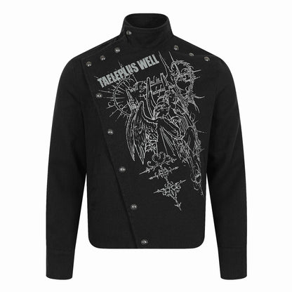 Rock Print Metal Snap Button Decorated Stand Collar Jacket Black