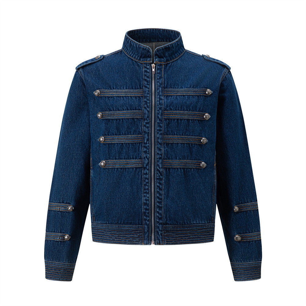 Men's Casual Denim Jacket with Button Closure and Stand Collar | MuddyStock Originals Navy Blue