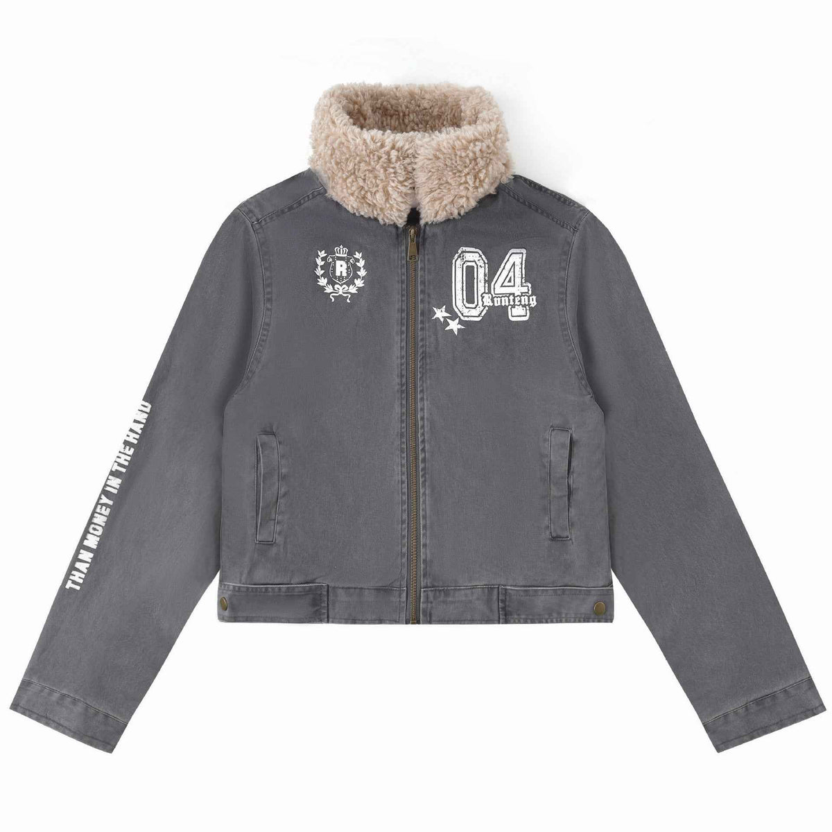 Women's Sherpa Distressed Print Turn-down Collar Short Moto Jacket | MuddyStock Originals