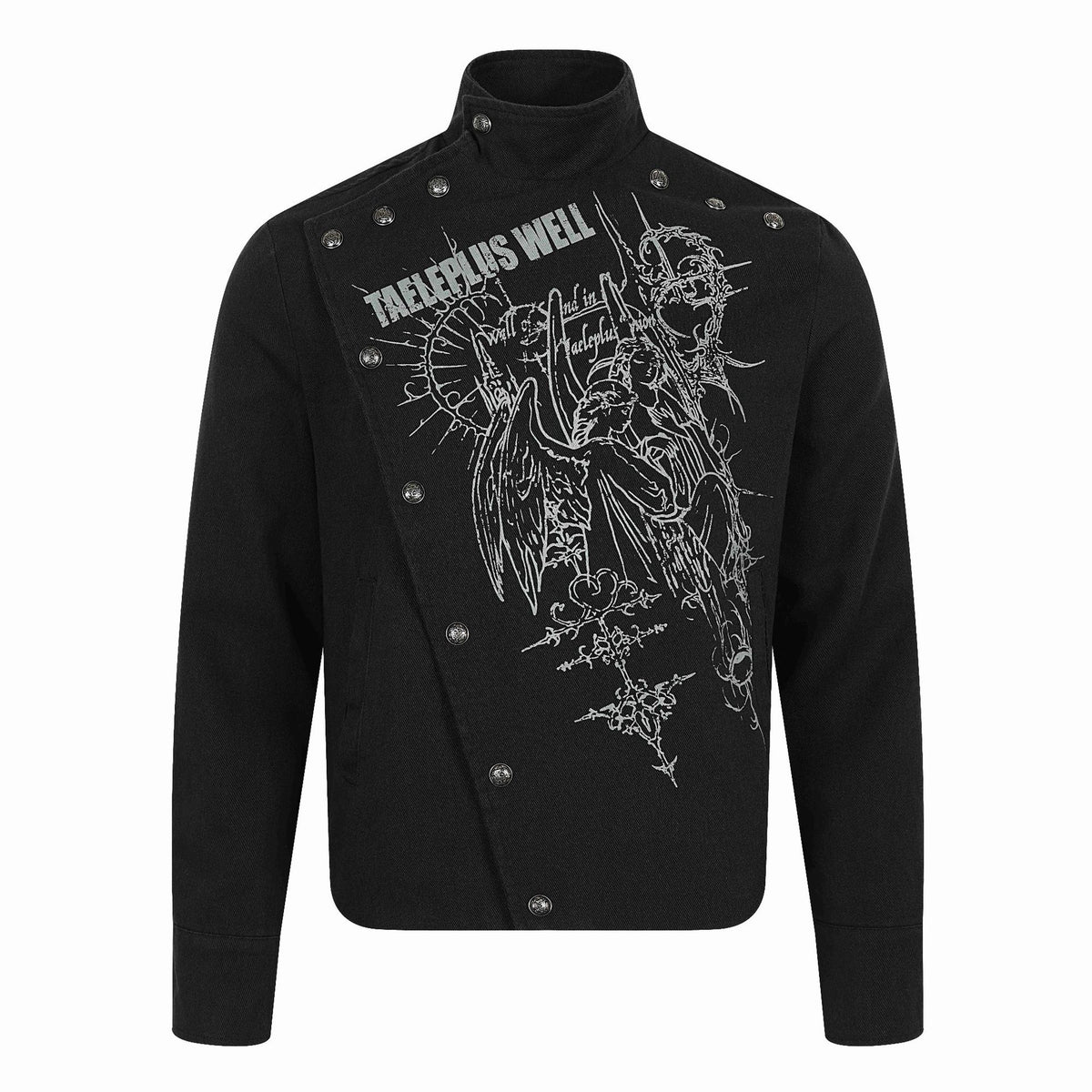 Rock Print Metal Snap Button Decorated Stand Collar Jacket