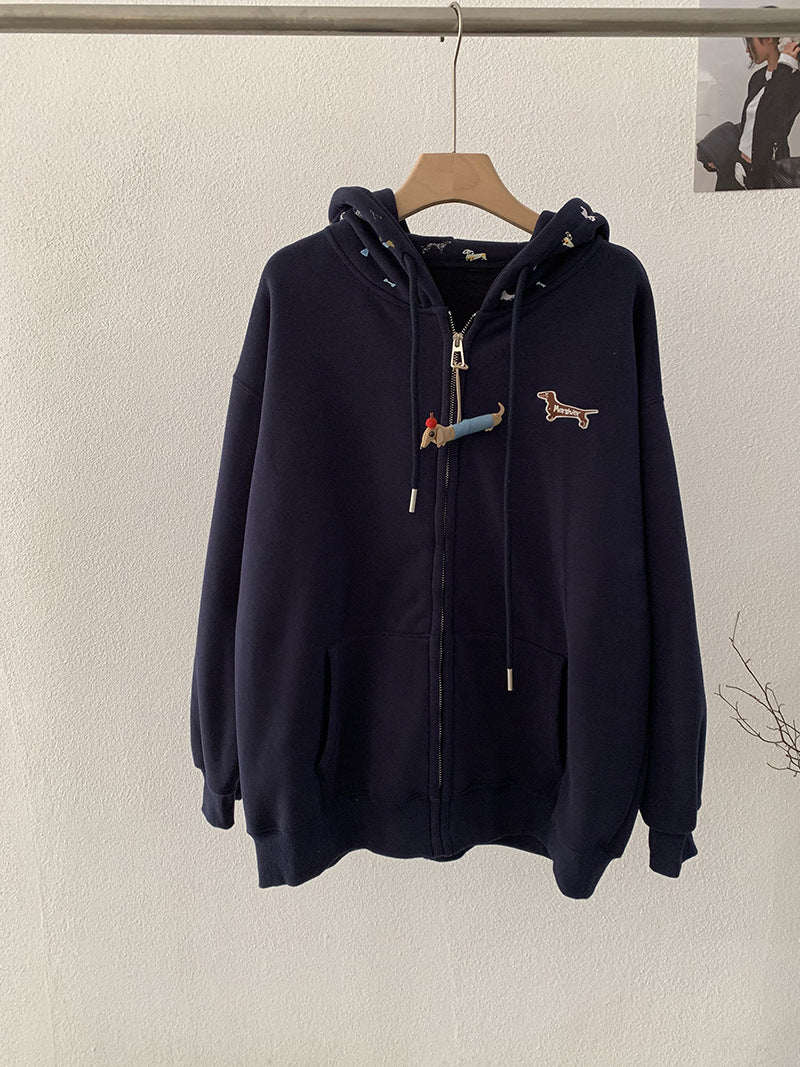 Embroidered Dog Print Hooded Zipper Sweatshirt Jacket Loose Casual Open Front Top Royal Blue One Size eprolo