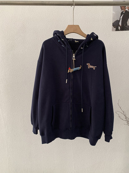 Embroidered Dog Print Hooded Zipper Sweatshirt Jacket Loose Casual Open Front Top Royal Blue One Size eprolo