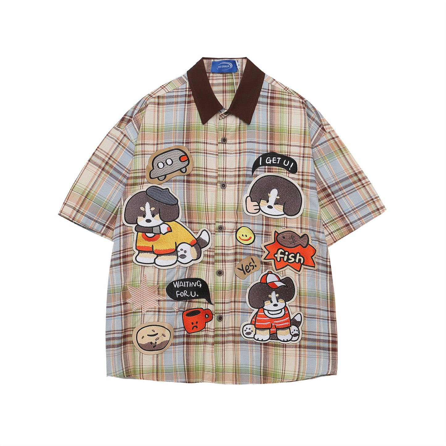 Retro Cartoon Embroidery Plaid Short Sleeve Shirt For Men | MuddyStock Originals eprolo