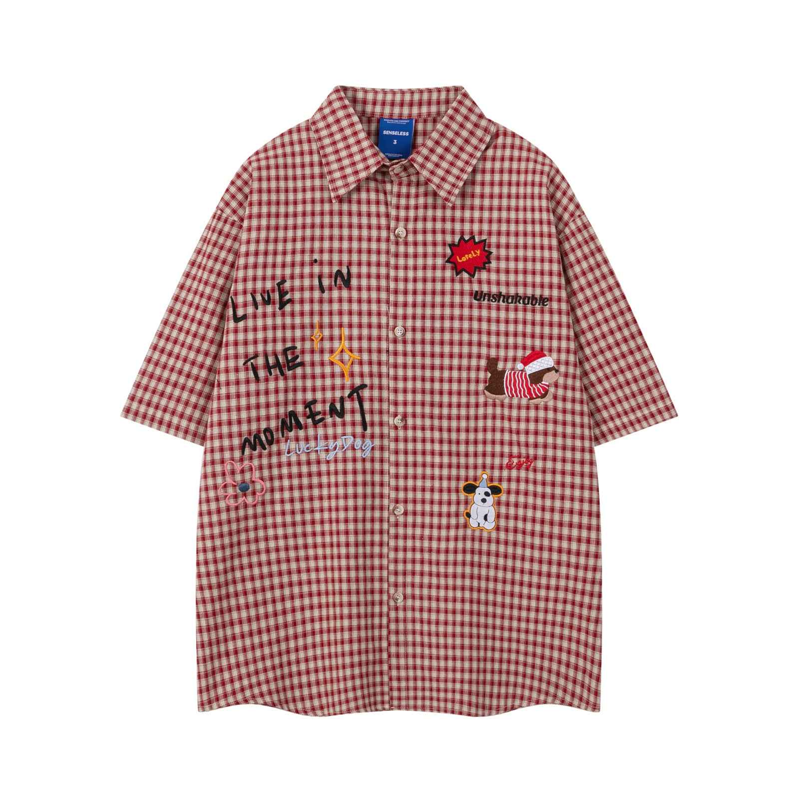 Retro Dog Embroidery Plaid Collar Short Sleeve Shirt for Men and Women | MuddyStock Originals MuddyStock