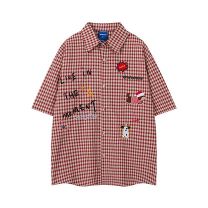 Retro Dog Embroidery Plaid Collar Short Sleeve Shirt for Men and Women | MuddyStock Originals MuddyStock