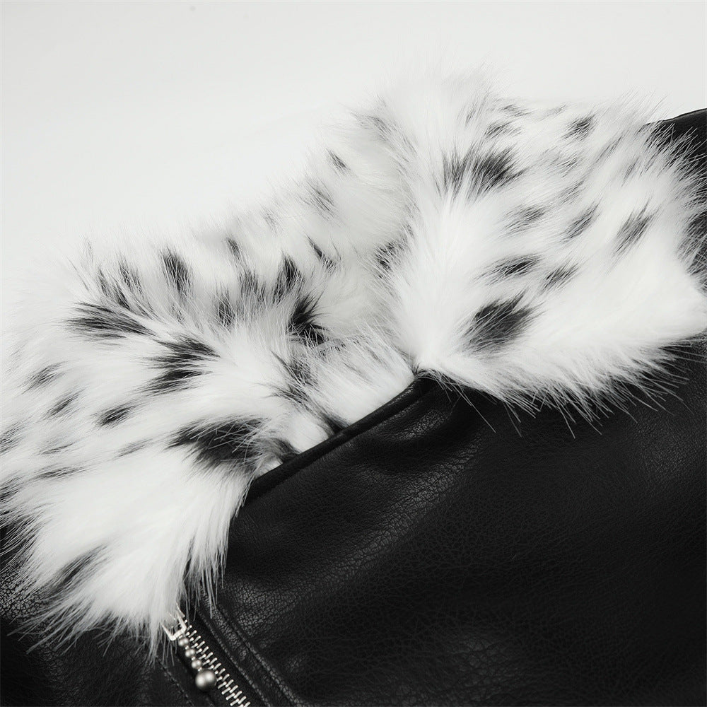 Men's Biker PU Leather Jacket with Diagonal Zipper and Fur Lapel Collar