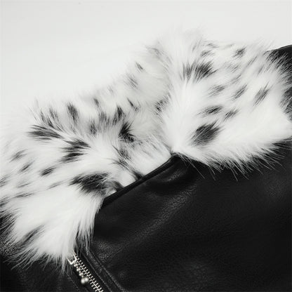 Men's Biker PU Leather Jacket with Diagonal Zipper and Fur Lapel Collar