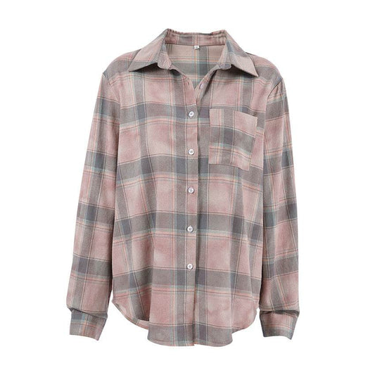 Retro loose long sleeved checkered shirt for women MuddyStock