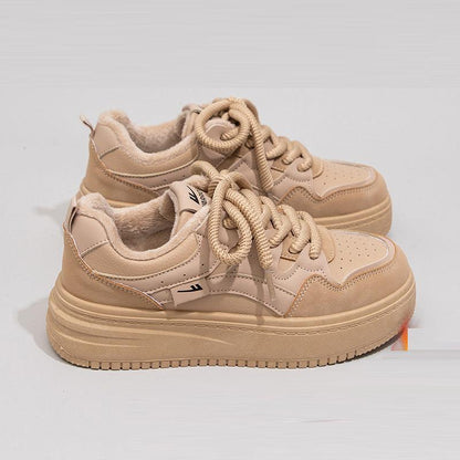 Splicing color blocking simple thick soled shoes for women Khaki (Fleece Lined)