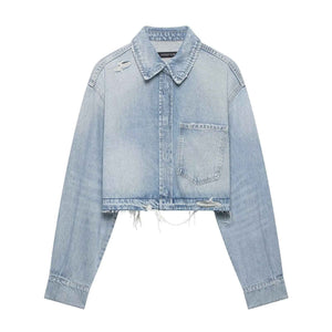 Collar denim long sleeved jacket for women | MuddyStock Originals Blue