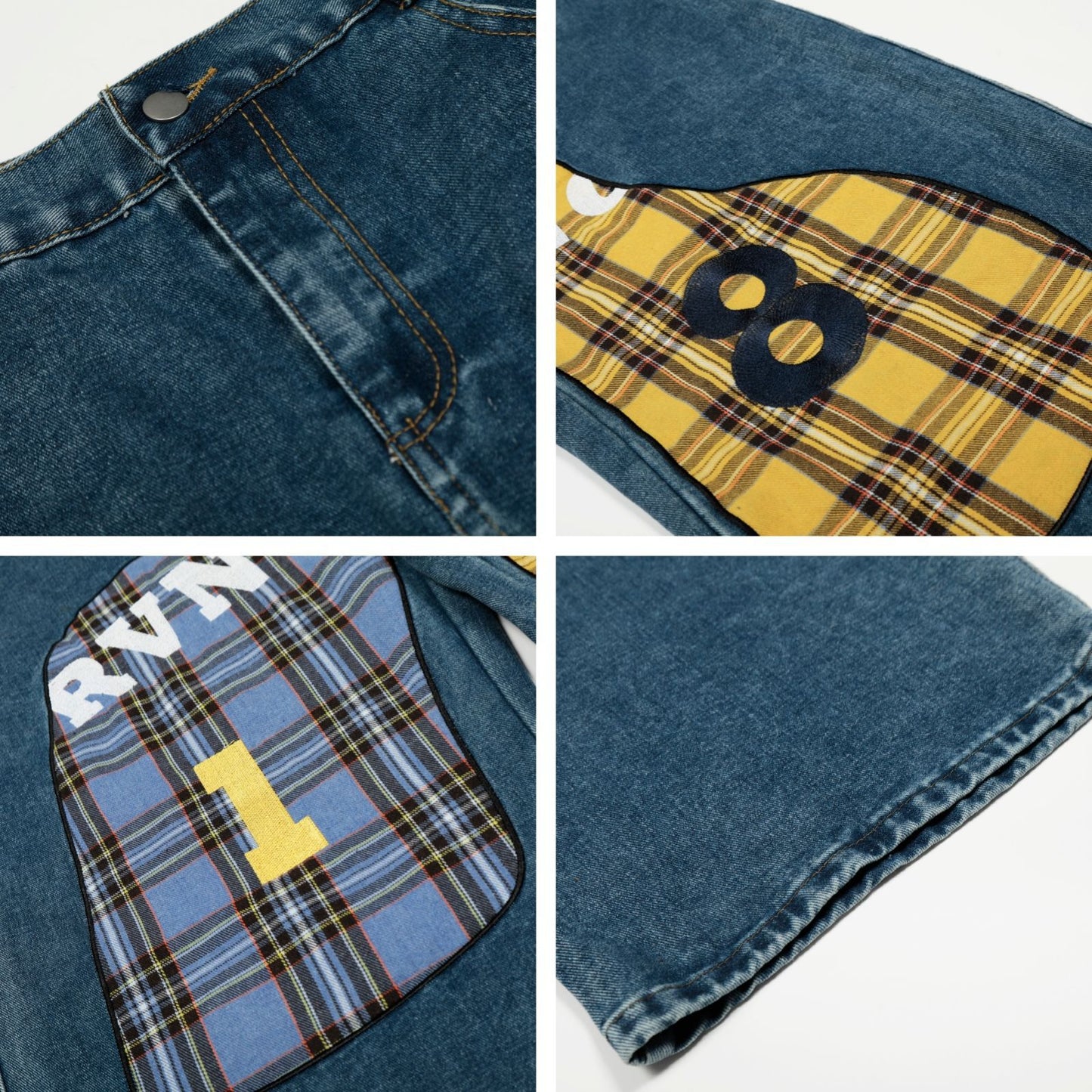 Plaid Patchwork Embroidered Denim Pants For Men And Women | MuddyStock Originals eprolo