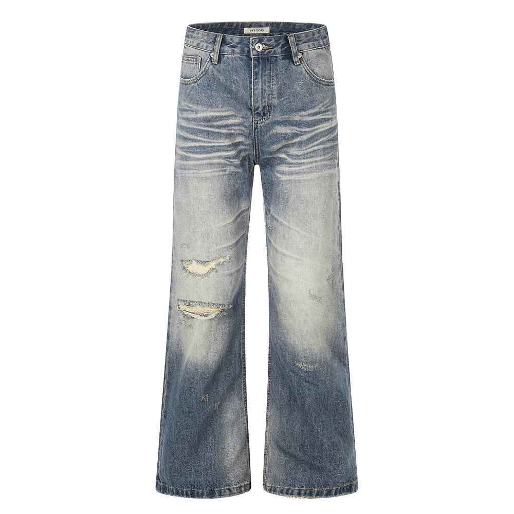 Whitewashed ripped denim micro pull pants
