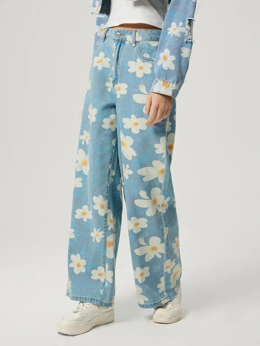 Pocketed Floral Wide Leg Jeans For Women | MuddyStock Originals