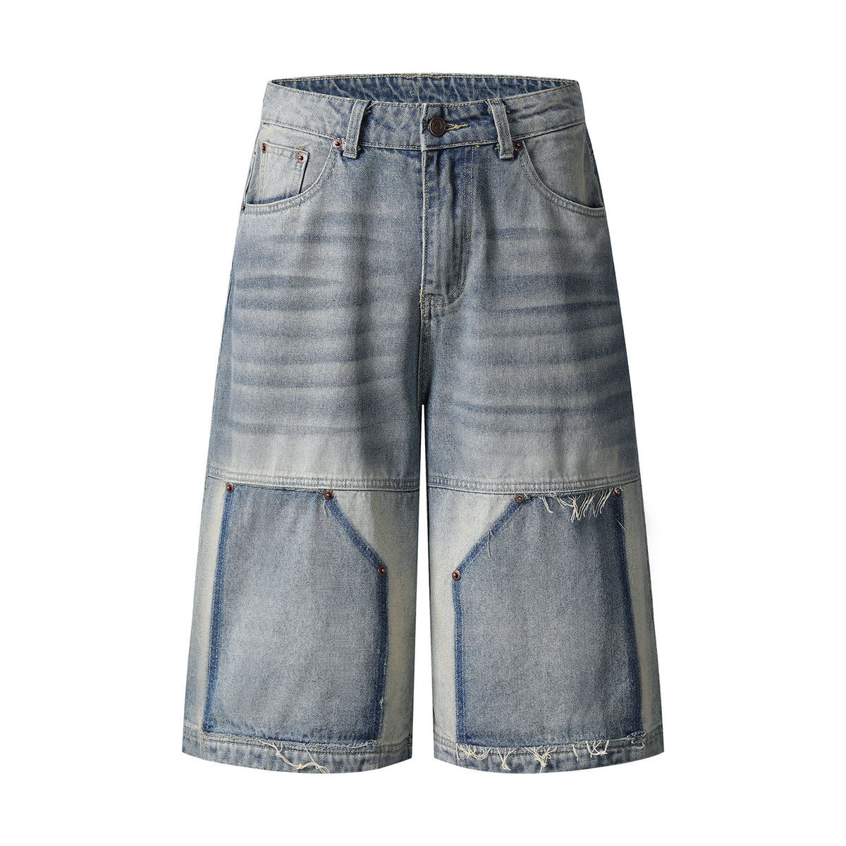 Washed Spliced Frayed Cuffed Jeans Unisex Cool Loose Casual Personality Trendy Shorts