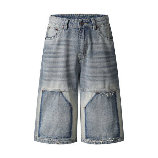 Washed Spliced Frayed Cuffed Jeans Unisex Cool Loose Casual Personality Trendy Shorts