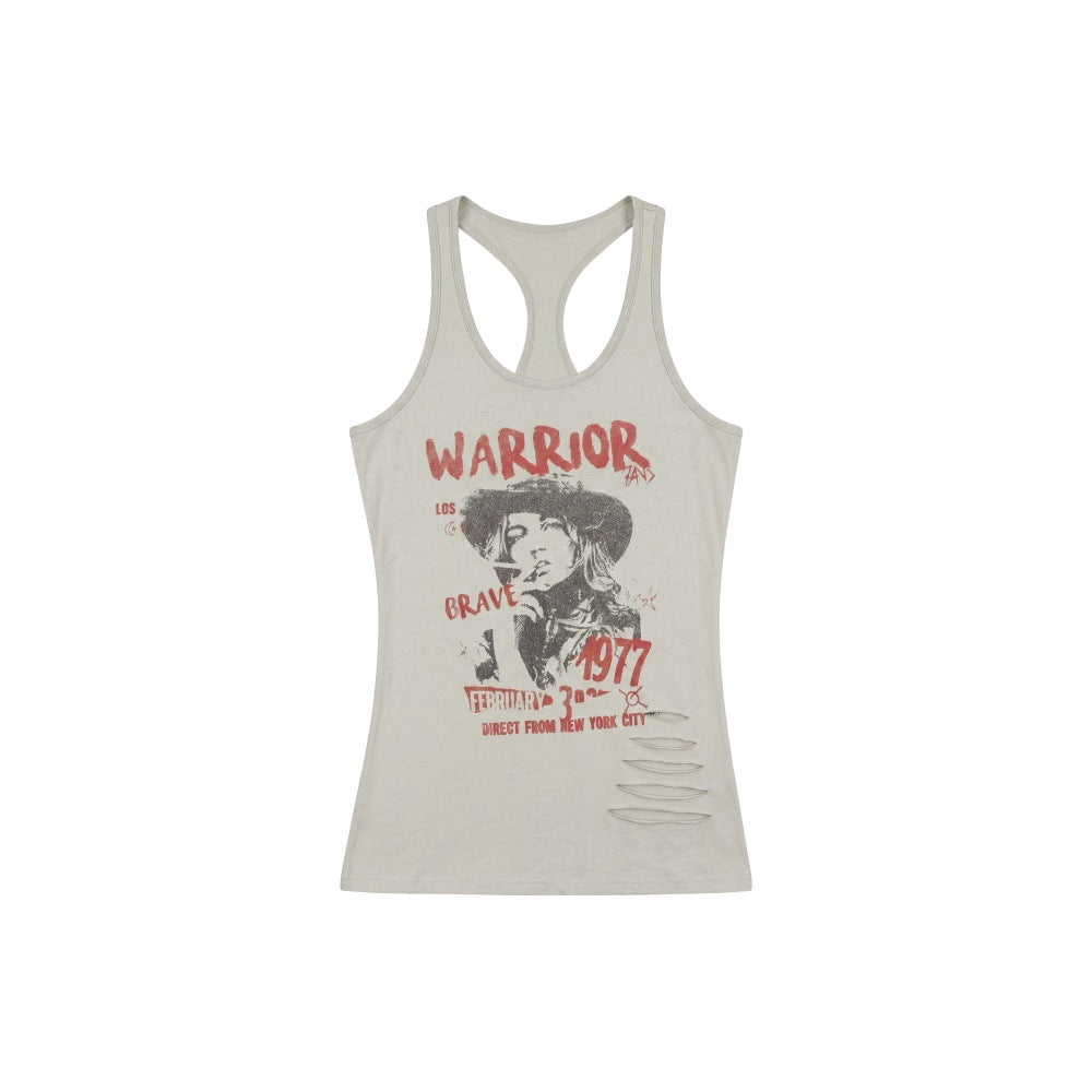 Printed Ripped Sleeveless Tank Top for Women Fitted Summer Crop Top Outerwear Gray Green