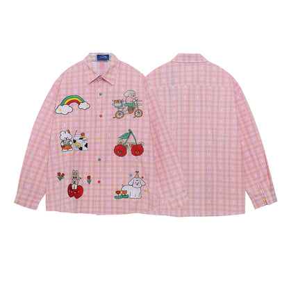 Retro Cartoon Plaid Long Sleeve Shirt For Women eprolo