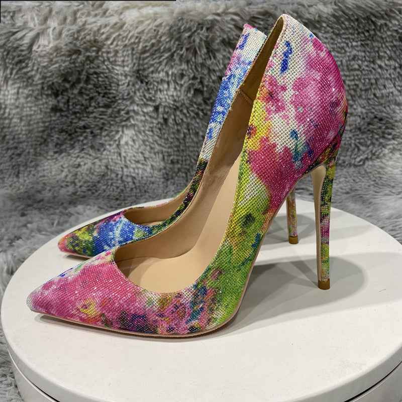 Floral Bling Sequined Women's Pointy Toe High Heel