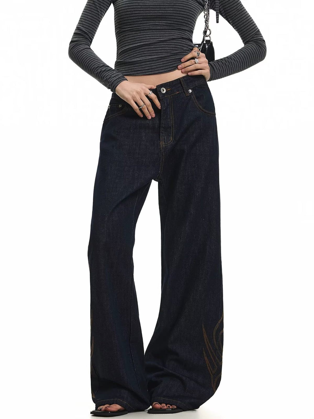 Vintage Tribal Embroidery Slim Fit Flared Denim High Waist Zipper Jeans B5505 Black