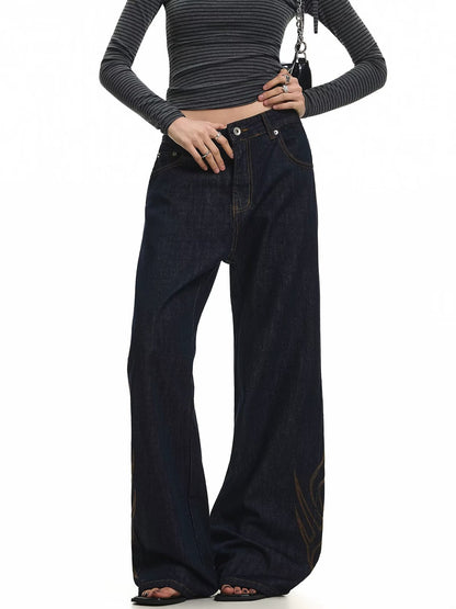 Vintage Tribal Embroidery Slim Fit Flared Denim High Waist Zipper Jeans B5505 Black
