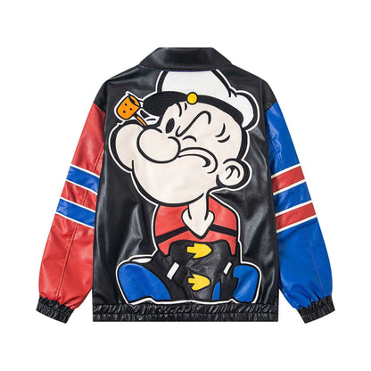 Patchwork Color-blocked Cartoon Lapel Leather Jacket For Men | MuddyStock Originals