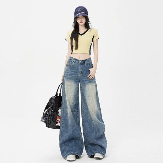 Women's Washed Vintage Blue Draped Loose High-Waist Wide-Leg Jeans | MuddyStock Originals MuddyStock