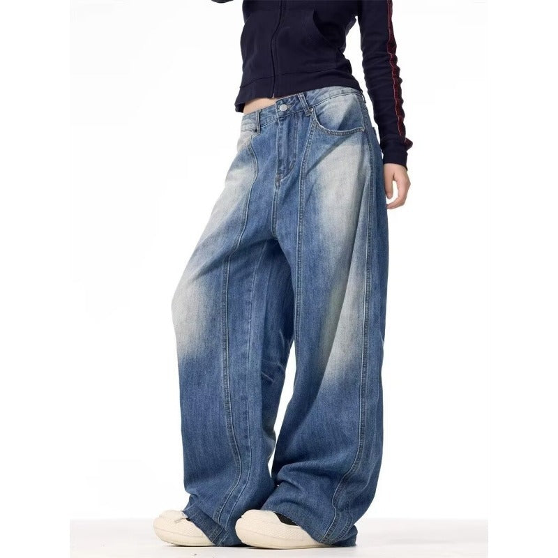 Retro Wide-Leg Relaxed Knife-Style Jeans for Men and Women, High-End Unique Denim Pants, Ice Blue Cool Street Style Long Trousers