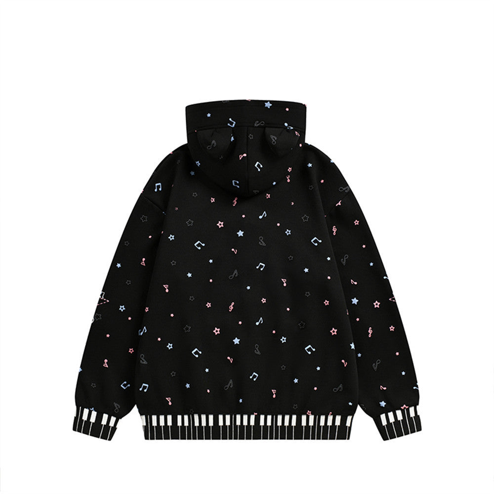 Men's Starry Pattern Cartoon Ears Zip-Up Hoodie Loose Casual Streetwear Jacket