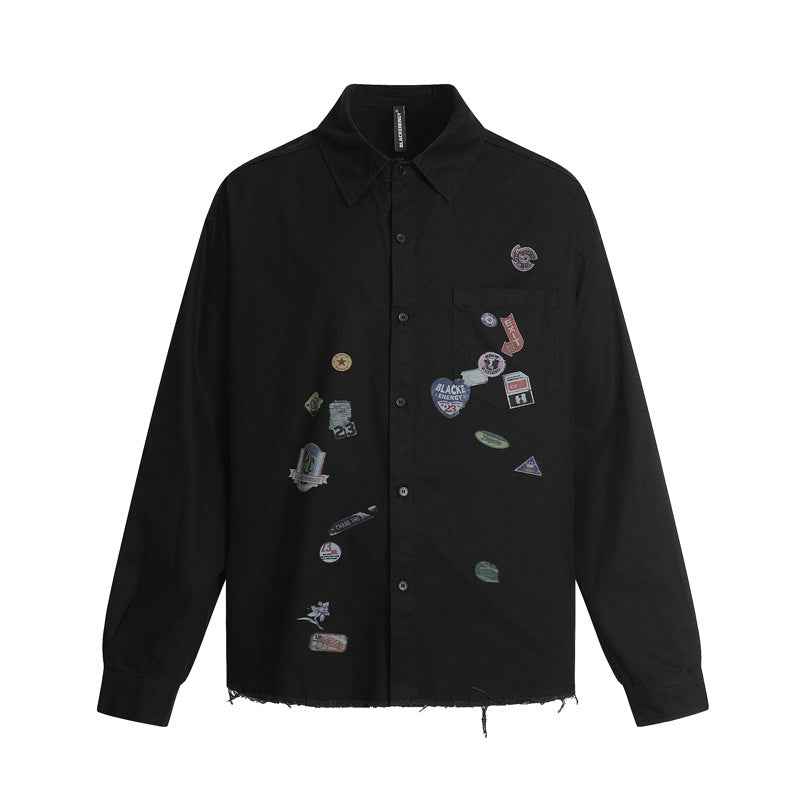 Casual Cartoon Sticker Print Long Sleeve Shirt For Men And Women | MuddyStock Orignals Black MuddyStock