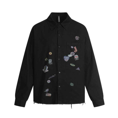 Casual Cartoon Sticker Print Long Sleeve Shirt For Men And Women | MuddyStock Orignals Black MuddyStock