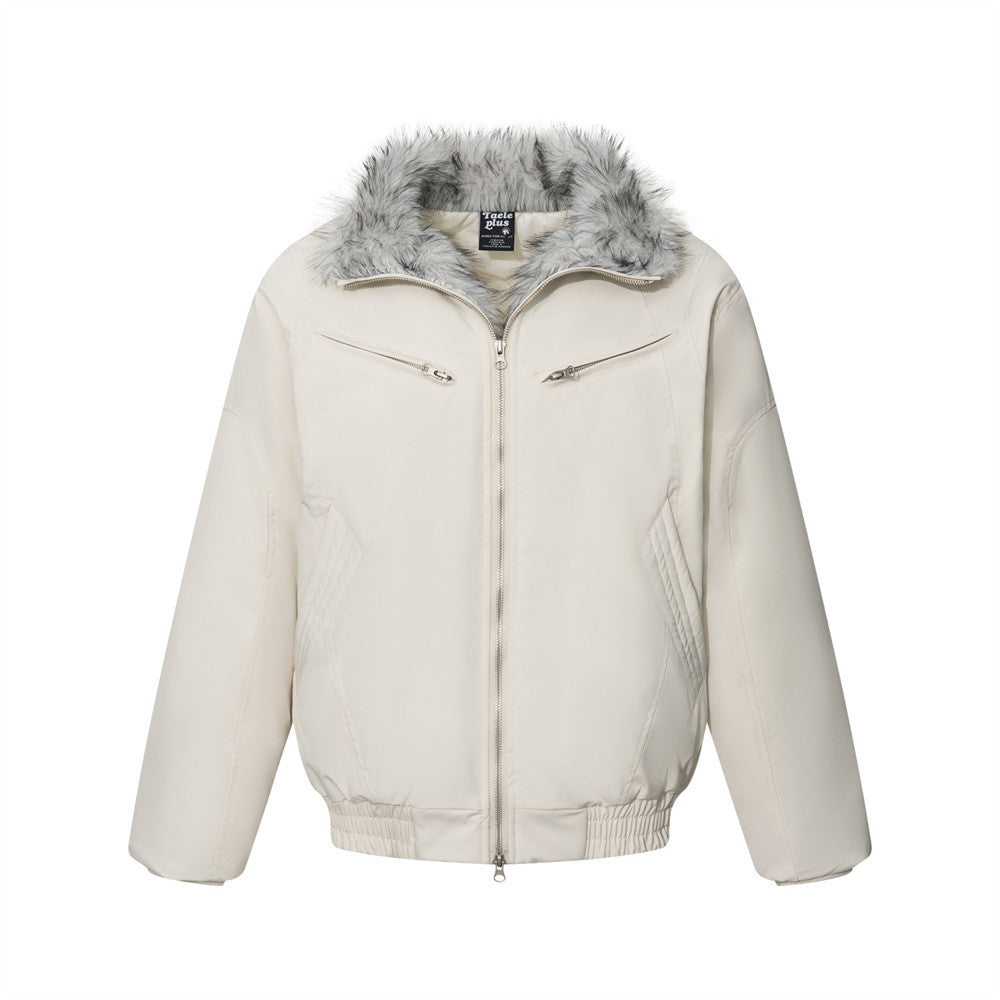 Men's Winter Padded Bomber Jacket with Two-Way Zipper and Faux Fur Collar Khaki