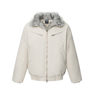 Men's Winter Padded Bomber Jacket with Two-Way Zipper and Faux Fur Collar Khaki