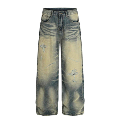 Style Trendy Street Retro Vintage Blue Cat Whisker Pattern Distressed Design Loose Fit Men's Jeans | MuddyStock Originals MuddyStock