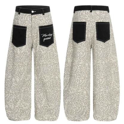 Color blocked leopard print washed curved knife jeans for women | MuddyStock Originals