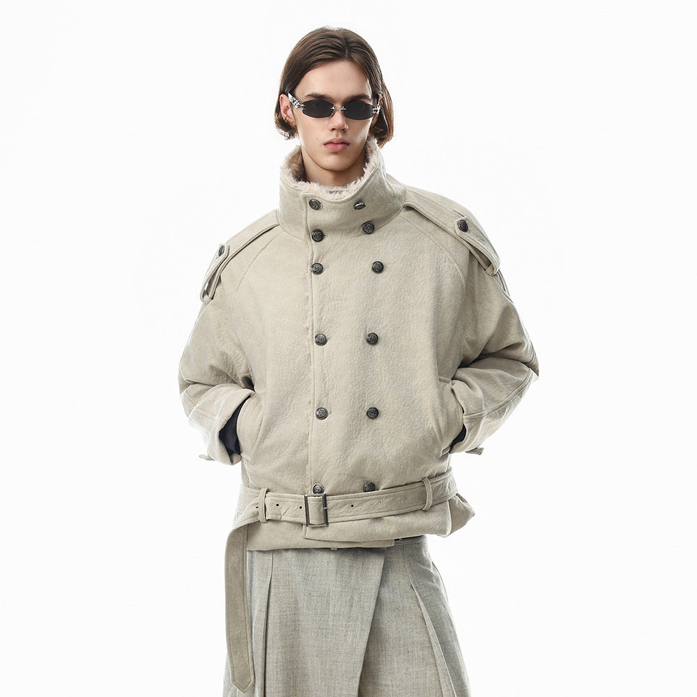 Double-Breasted Stand Collar Belted Relaxed Fit Men's Cotton Jacket