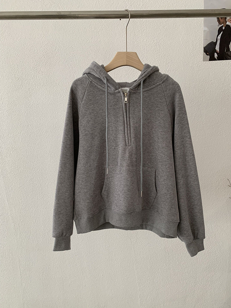 Omalai Half-Zip Hooded Pullover Sweatshirt Women Loose Thick Fleece Long Sleeve Solid Color Top Real Shot Linen Gray One Size eprolo