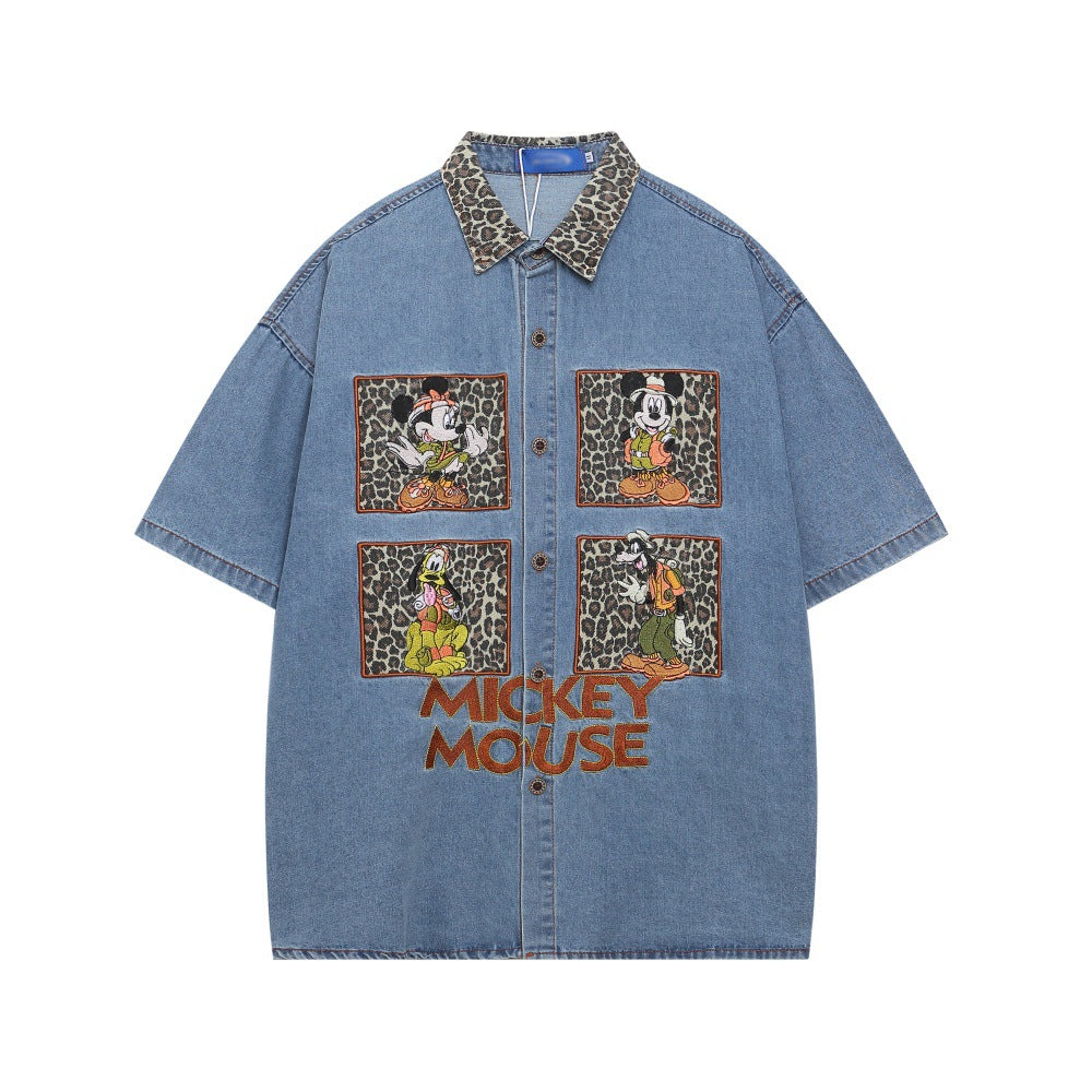 Fun Cartoon Leopard Print Applique Short Sleeve Shirt For Men And Women | MuddyStock Originals Blue eprolo