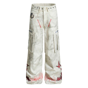 Dirty dye flame print large pocket wide leg jeans for men | MuddyStock Originals White