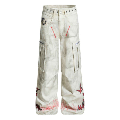 Dirty dye flame print large pocket wide leg jeans for men | MuddyStock Originals White