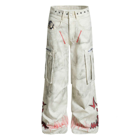 Dirty dye flame print large pocket wide leg jeans for men | MuddyStock Originals White