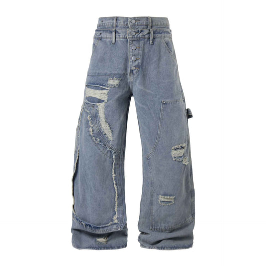 Double waisted patchwork vintage wide leg workwear jeans for women | MuddyStock Originals Blue