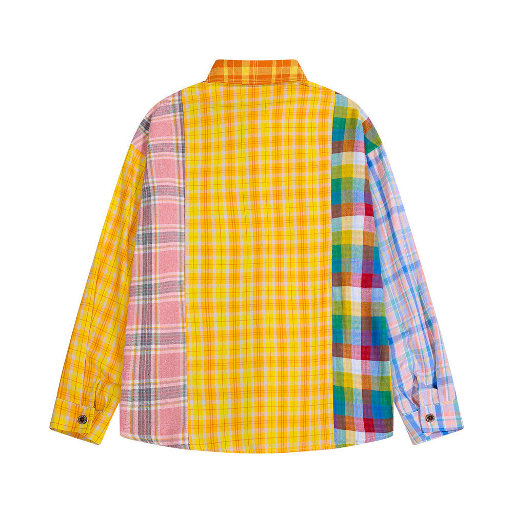 Hip Hop Irregular Color-Block Plaid Long Sleeve Collared Shirt For Men And Women | MuddyStock Originals