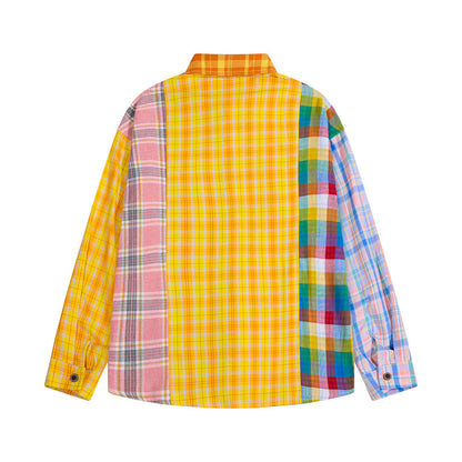 Hip Hop Irregular Color-Block Plaid Long Sleeve Collared Shirt For Men And Women | MuddyStock Originals