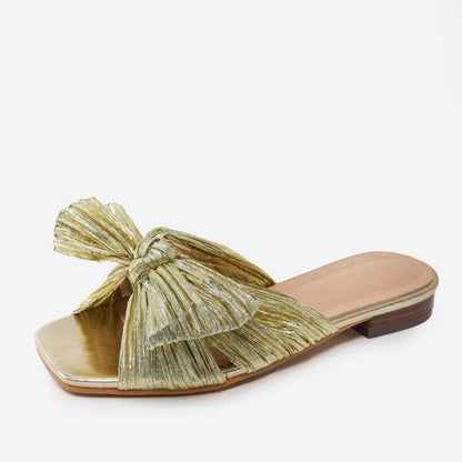 Women's Summer Flat Bottom Bow Mesh Outer Wear Fingerless Slippers glod
