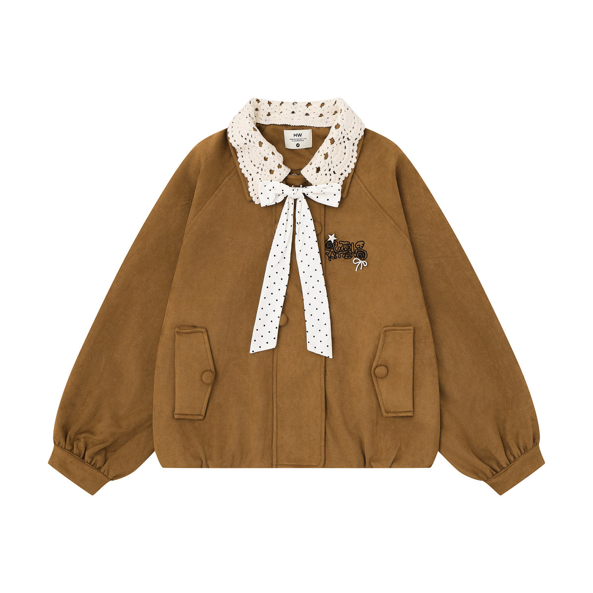 Women's Short Jacket with Lace Trim Collar and Polka Dot Design | MuddyStock Originals Coffee