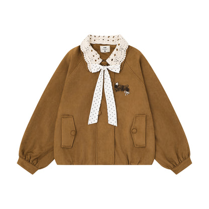 Women's Short Jacket with Lace Trim Collar and Polka Dot Design | MuddyStock Originals Coffee